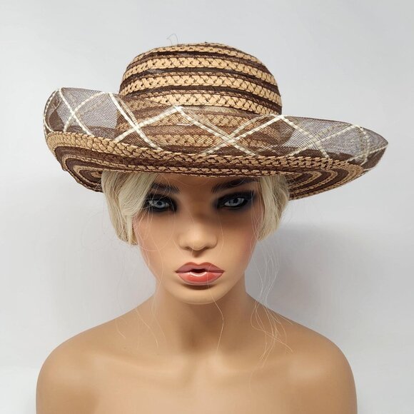 Vintage Brown Tan Wide Brim Straw Summer Sun Hat with Woven Ribbon Flower - Picture 1 of 5